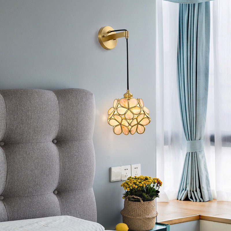 Modernist 1 Bulb Bedside Sconce Light Brass Floral Ball Wall Mount Lamp with Pink/Clear/Light Pink Glass Shade Clearhalo 'Cast Iron' 'Glass' 'Industrial' 'Modern wall lights' 'Modern' 'Tiffany' 'Traditional wall lights' 'Wall Lamps & Sconces' 'Wall Lights' Lighting' 273305