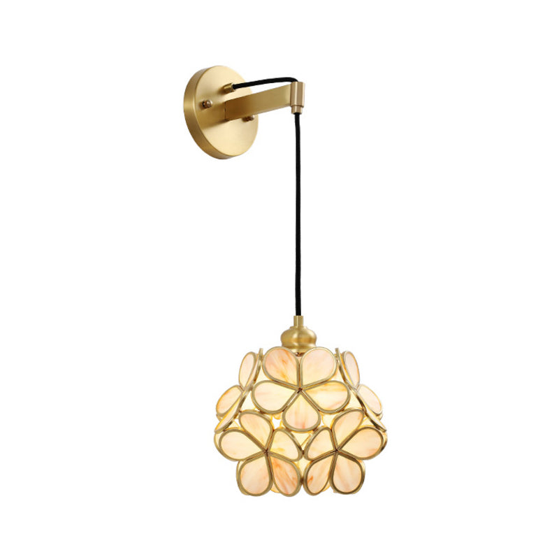 Modernist 1 Bulb Bedside Sconce Light Brass Floral Ball Wall Mount Lamp with Pink/Clear/Light Pink Glass Shade Clearhalo 'Cast Iron' 'Glass' 'Industrial' 'Modern wall lights' 'Modern' 'Tiffany' 'Traditional wall lights' 'Wall Lamps & Sconces' 'Wall Lights' Lighting' 273306