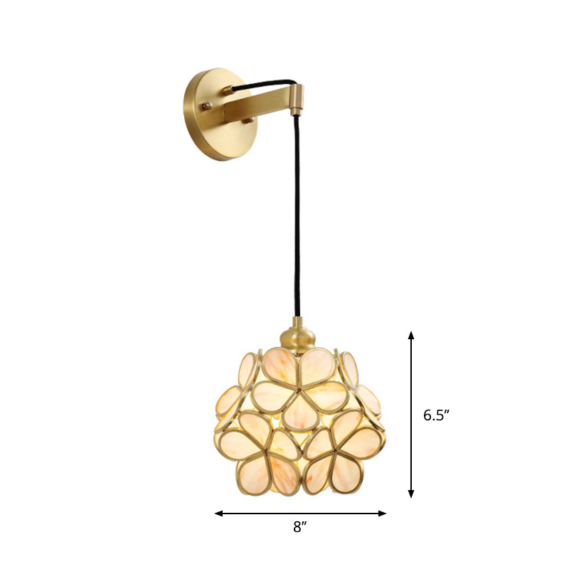 Modernist 1 Bulb Bedside Sconce Light Brass Floral Ball Wall Mount Lamp with Pink/Clear/Light Pink Glass Shade Clearhalo 'Cast Iron' 'Glass' 'Industrial' 'Modern wall lights' 'Modern' 'Tiffany' 'Traditional wall lights' 'Wall Lamps & Sconces' 'Wall Lights' Lighting' 273307