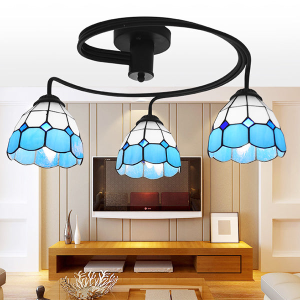 Bowl Semi Flush Light Tiffany Style 3 Lights Stained Glass Semi Flushmount in Orange/Pink/Blue for Living Room Blue Clearhalo 'Ceiling Lights' 'Close To Ceiling Lights' 'Close to ceiling' 'Glass shade' 'Glass' 'Semi-flushmount' 'Tiffany close to ceiling' 'Tiffany' Lighting' 27331