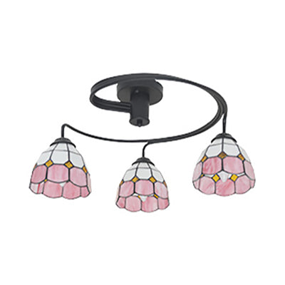 Bowl Semi Flush Light Tiffany Style 3 Lights Stained Glass Semi Flushmount in Orange/Pink/Blue for Living Room Pink Clearhalo 'Ceiling Lights' 'Close To Ceiling Lights' 'Close to ceiling' 'Glass shade' 'Glass' 'Semi-flushmount' 'Tiffany close to ceiling' 'Tiffany' Lighting' 27333