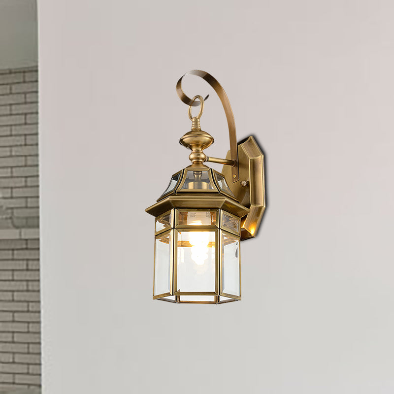 Brass Lantern Wall Lamp Traditionalist Metal 1 Light Outdoor Wall Mount Lighting with Clear Glass Pane Brass Clearhalo 'Wall Lamps & Sconces' 'Wall Lights' Lighting' 273330