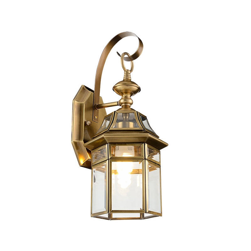 Brass Lantern Wall Lamp Traditionalist Metal 1 Light Outdoor Wall Mount Lighting with Clear Glass Pane Clearhalo 'Wall Lamps & Sconces' 'Wall Lights' Lighting' 273333