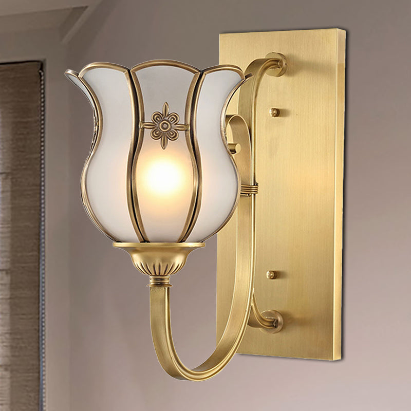 1-Head Metal Wall Light Traditionalism Brass Flower Living Room Wall Sconce Lighting with Bevel Glass Shade Clearhalo 'Wall Lamps & Sconces' 'Wall Lights' Lighting' 273388