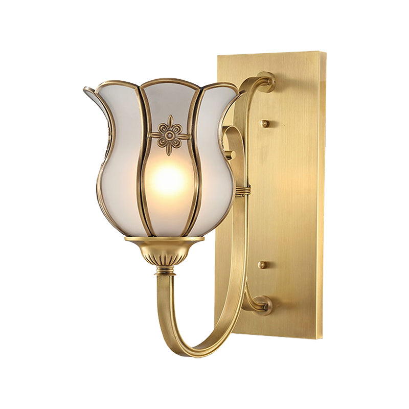 1-Head Metal Wall Light Traditionalism Brass Flower Living Room Wall Sconce Lighting with Bevel Glass Shade Clearhalo 'Wall Lamps & Sconces' 'Wall Lights' Lighting' 273390