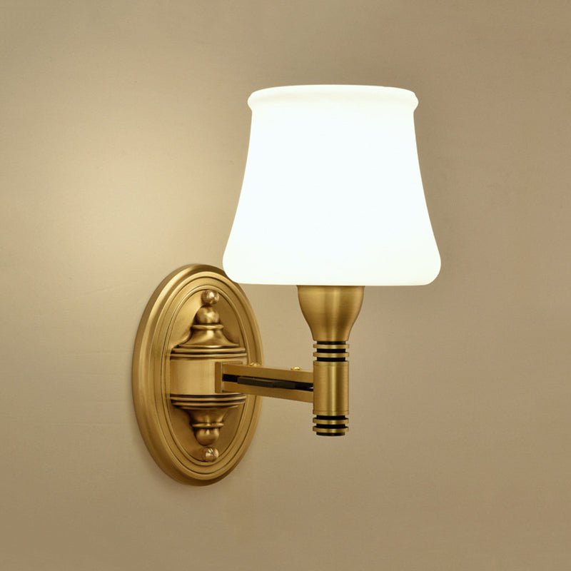 Brass Finish 1/2-Bulb Wall Light Vintage Stylish Milk Glass Cone Shade Wall Sconce Fixture for Bedroom 1.0 Brass Clearhalo 'Wall Lamps & Sconces' 'Wall Lights' Lighting' 273433