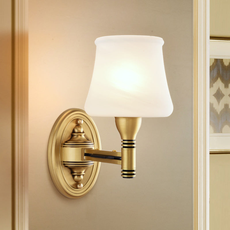 Brass Finish 1/2-Bulb Wall Light Vintage Stylish Milk Glass Cone Shade Wall Sconce Fixture for Bedroom Clearhalo 'Wall Lamps & Sconces' 'Wall Lights' Lighting' 273434