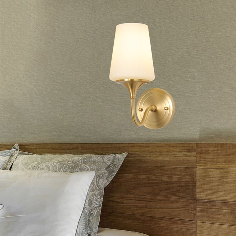 1/2-Bulb Cone Shade Wall Light Contemporary Style White Glass Wall Sconce Lighting in Brass for Bedroom 1.0 Brass Clearhalo 'Wall Lamps & Sconces' 'Wall Lights' Lighting' 273445