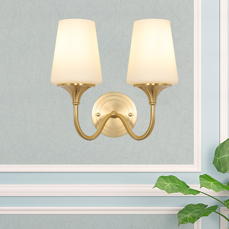 1/2-Bulb Cone Shade Wall Light Contemporary Style White Glass Wall Sconce Lighting in Brass for Bedroom 2.0 Brass Clearhalo 'Wall Lamps & Sconces' 'Wall Lights' Lighting' 273450