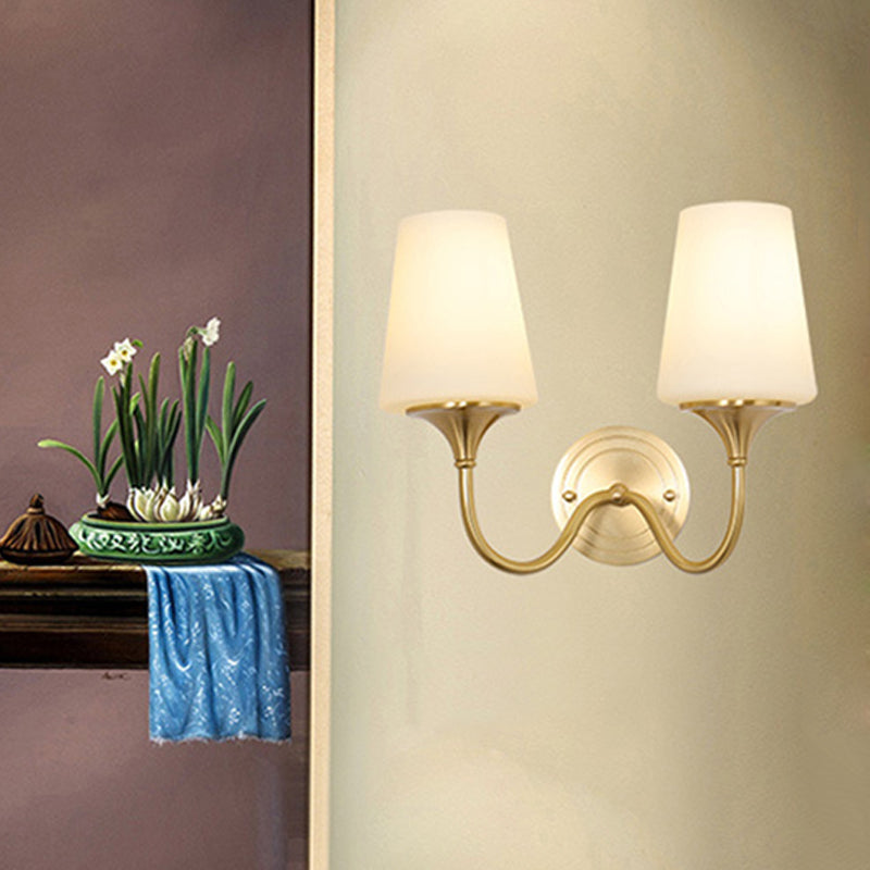 1/2-Bulb Cone Shade Wall Light Contemporary Style White Glass Wall Sconce Lighting in Brass for Bedroom Clearhalo 'Wall Lamps & Sconces' 'Wall Lights' Lighting' 273451