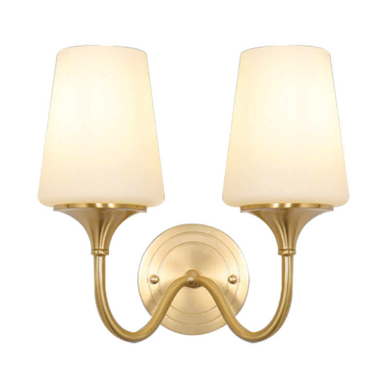 1/2-Bulb Cone Shade Wall Light Contemporary Style White Glass Wall Sconce Lighting in Brass for Bedroom Clearhalo 'Wall Lamps & Sconces' 'Wall Lights' Lighting' 273453