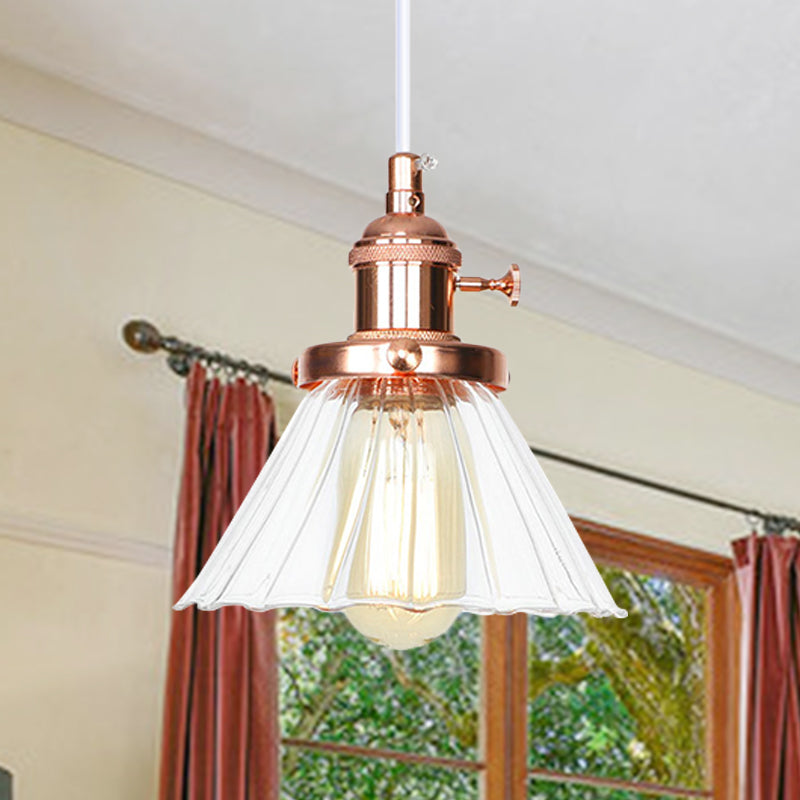 Industrial Style Conic Hanging Lamp Amber/Clear Glass 1 Light Coffee Shop Height Adjustable Pendant Lighting in Black/Bronze/Brass Rose Gold Clear Clearhalo 'Art Deco Pendants' 'Black' 'Cast Iron' 'Ceiling Lights' 'Ceramic' 'Crystal' 'Industrial Pendants' 'Industrial' 'Metal' 'Middle Century Pendants' 'Pendant Lights' 'Pendants' 'Rustic Pendants' 'Tiffany' Lighting' 273460