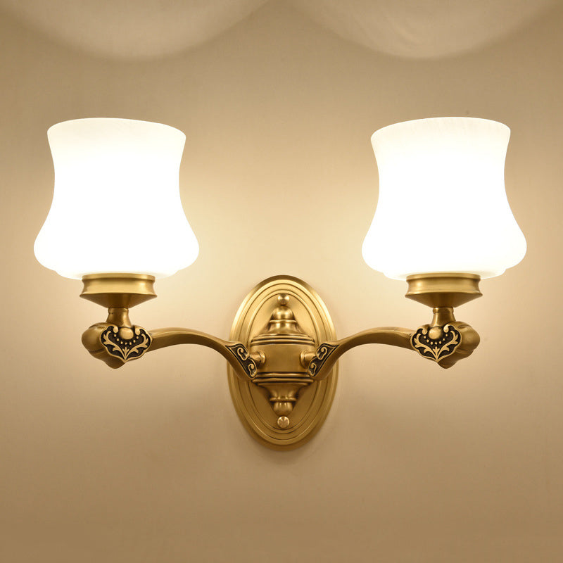 1/2-Head Wall Mount Lighting Vintage Style Bell Shade White Glass Sconce Lamp in Brass for Living Room 2.0 Brass Clearhalo 'Wall Lamps & Sconces' 'Wall Lights' Lighting' 273560