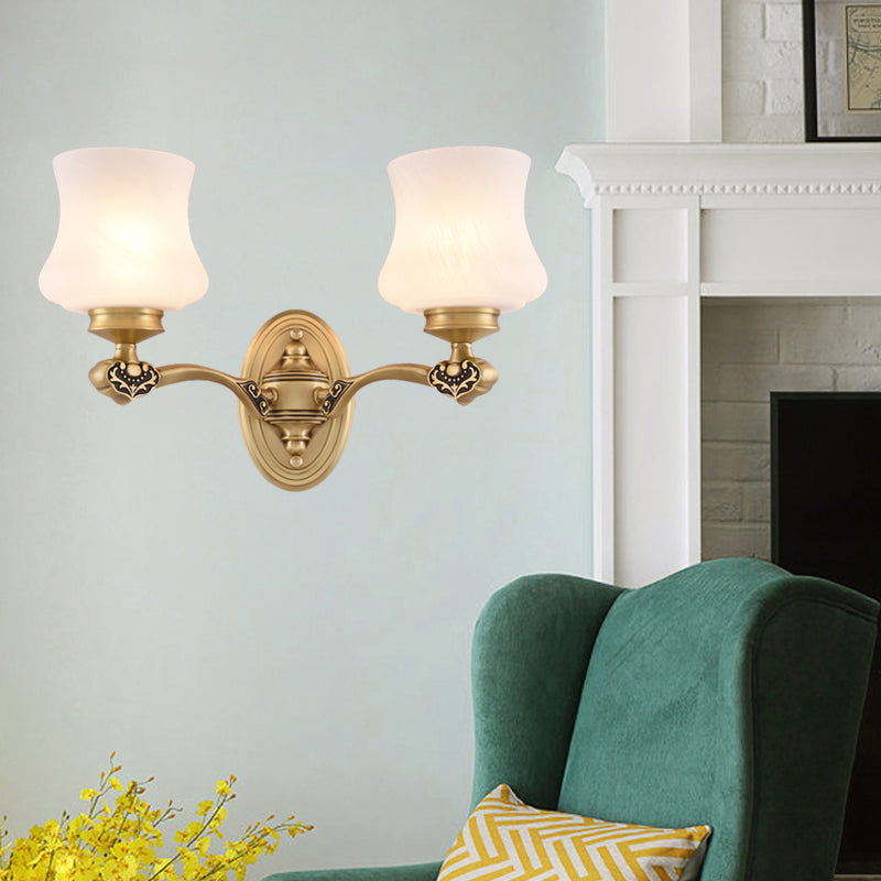 1/2-Head Wall Mount Lighting Vintage Style Bell Shade White Glass Sconce Lamp in Brass for Living Room Clearhalo 'Wall Lamps & Sconces' 'Wall Lights' Lighting' 273561