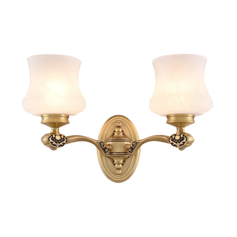 1/2-Head Wall Mount Lighting Vintage Style Bell Shade White Glass Sconce Lamp in Brass for Living Room Clearhalo 'Wall Lamps & Sconces' 'Wall Lights' Lighting' 273563