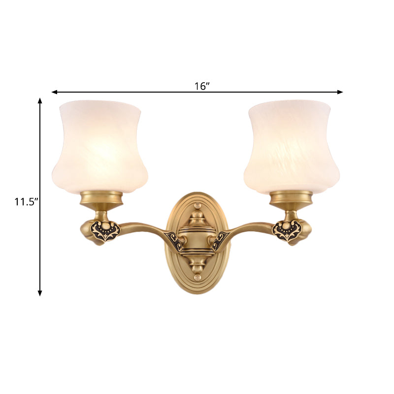 1/2-Head Wall Mount Lighting Vintage Style Bell Shade White Glass Sconce Lamp in Brass for Living Room Clearhalo 'Wall Lamps & Sconces' 'Wall Lights' Lighting' 273564