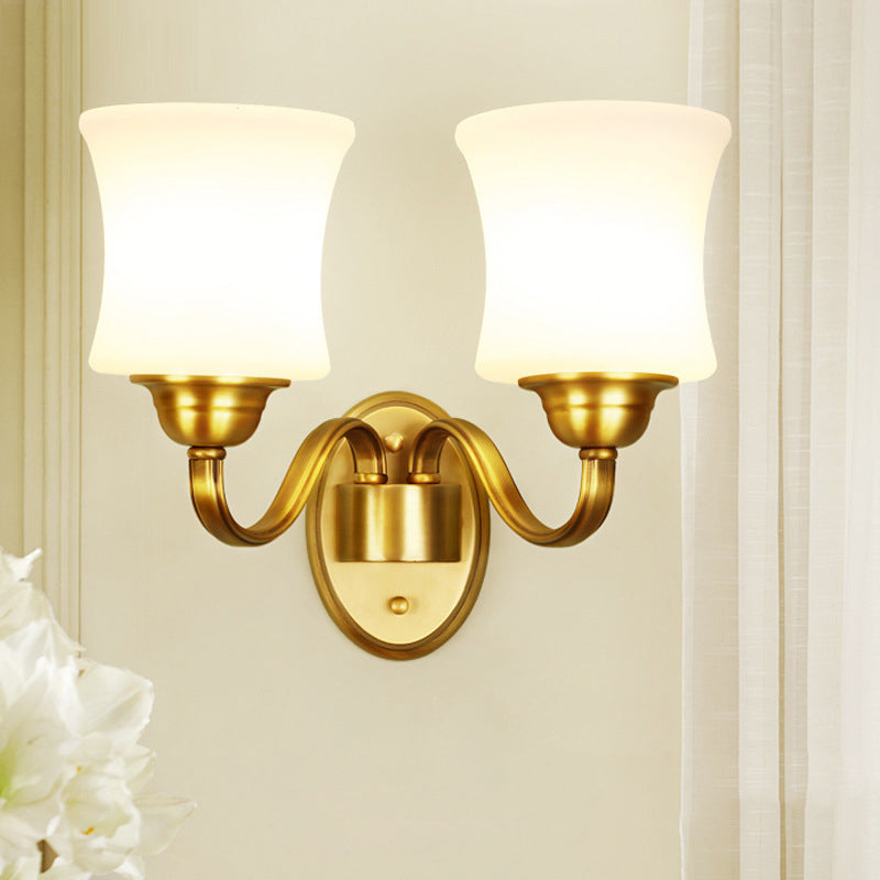 Cylinder Shade Bedroom Wall Mount Light Traditional Style Milky Glass 1/2-Light Brass Finish Wall Lamp 2.0 Brass Clearhalo 'Wall Lamps & Sconces' 'Wall Lights' Lighting' 273572