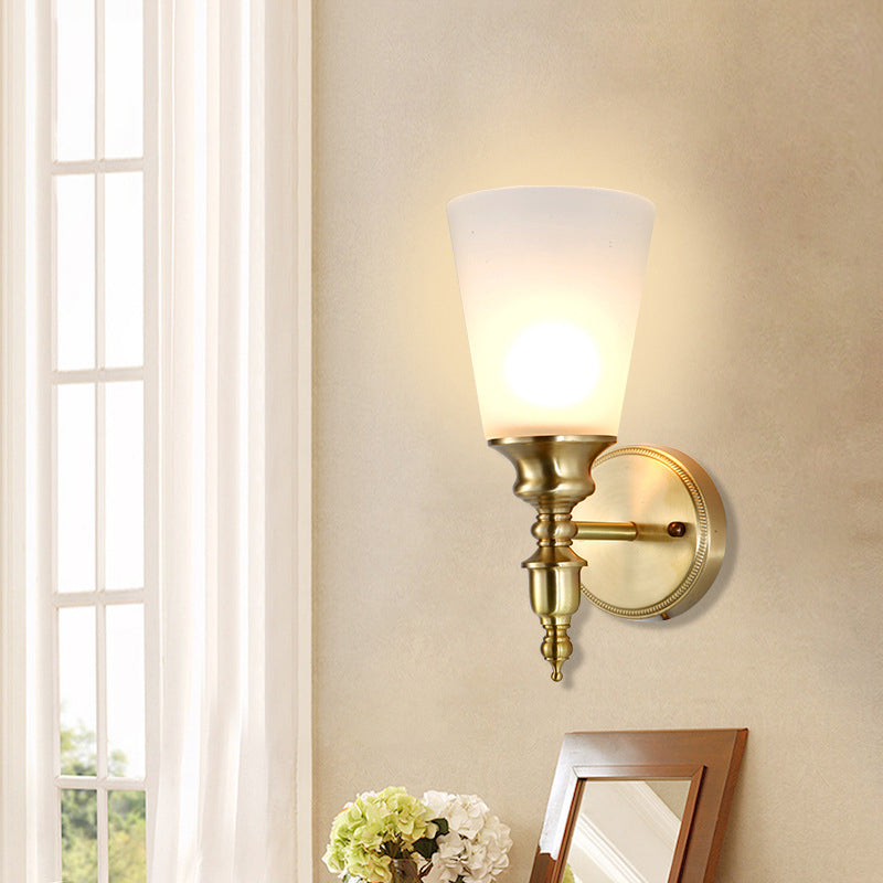 Frosted Glass Conical Wall Mounted Light Vintage Style 1/2-Head Indoor Wall Lighting in Brass 1.0 Brass Clearhalo 'Wall Lamps & Sconces' 'Wall Lights' Lighting' 273605