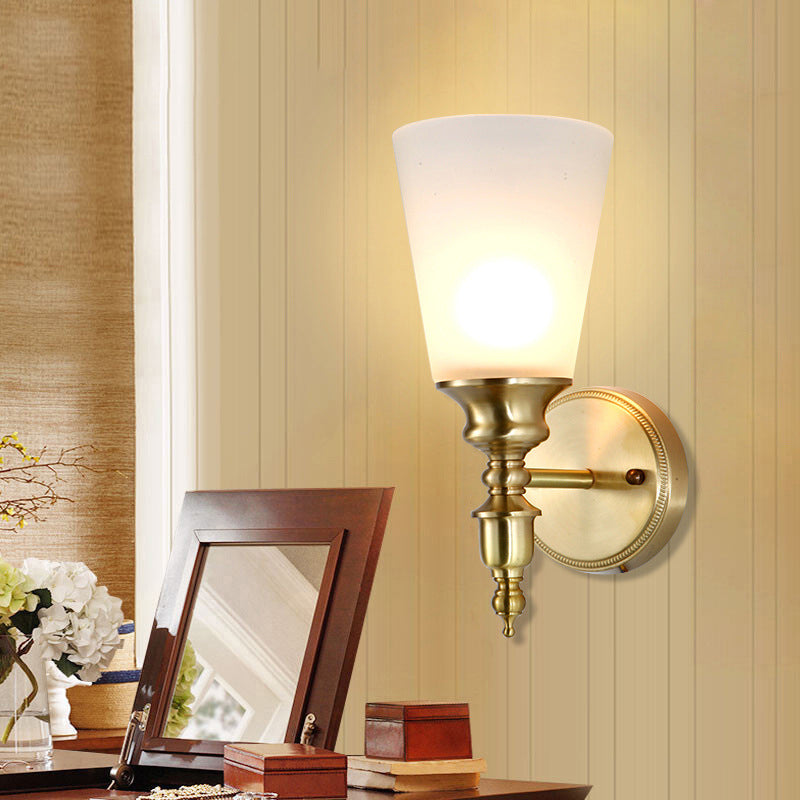 Frosted Glass Conical Wall Mounted Light Vintage Style 1/2-Head Indoor Wall Lighting in Brass Clearhalo 'Wall Lamps & Sconces' 'Wall Lights' Lighting' 273606