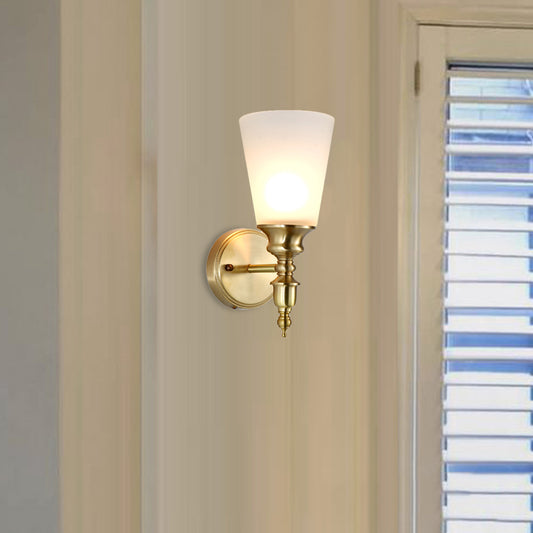 Frosted Glass Conical Wall Mounted Light Vintage Style 1/2-Head Indoor Wall Lighting in Brass Clearhalo 'Wall Lamps & Sconces' 'Wall Lights' Lighting' 273607