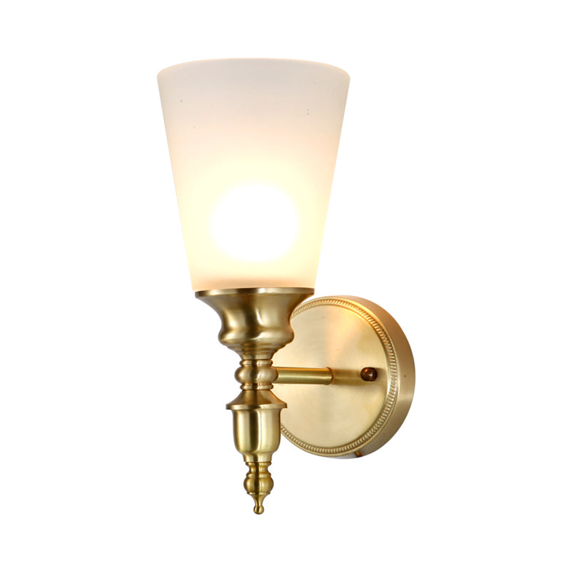 Frosted Glass Conical Wall Mounted Light Vintage Style 1/2-Head Indoor Wall Lighting in Brass Clearhalo 'Wall Lamps & Sconces' 'Wall Lights' Lighting' 273608