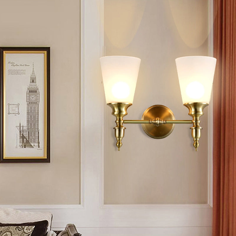 Frosted Glass Conical Wall Mounted Light Vintage Style 1/2-Head Indoor Wall Lighting in Brass Clearhalo 'Wall Lamps & Sconces' 'Wall Lights' Lighting' 273612