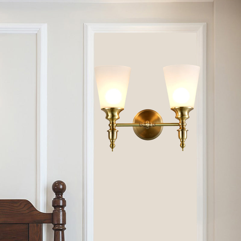 Frosted Glass Conical Wall Mounted Light Vintage Style 1/2-Head Indoor Wall Lighting in Brass Clearhalo 'Wall Lamps & Sconces' 'Wall Lights' Lighting' 273613