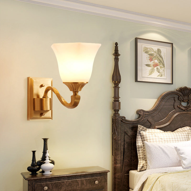 Brass Curved Arm Wall Light Modernism Style Metal 1/2-Light Bedside Wall Sconce Lamp with Opal Glass Bell Shade 1.0 Brass Clearhalo 'Wall Lamps & Sconces' 'Wall Lights' Lighting' 273616