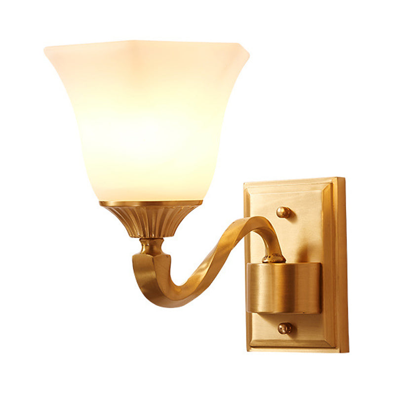 Brass Curved Arm Wall Light Modernism Style Metal 1/2-Light Bedside Wall Sconce Lamp with Opal Glass Bell Shade Clearhalo 'Wall Lamps & Sconces' 'Wall Lights' Lighting' 273619