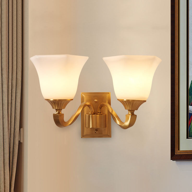 Brass Curved Arm Wall Light Modernism Style Metal 1/2-Light Bedside Wall Sconce Lamp with Opal Glass Bell Shade 2.0 Brass Clearhalo 'Wall Lamps & Sconces' 'Wall Lights' Lighting' 273622