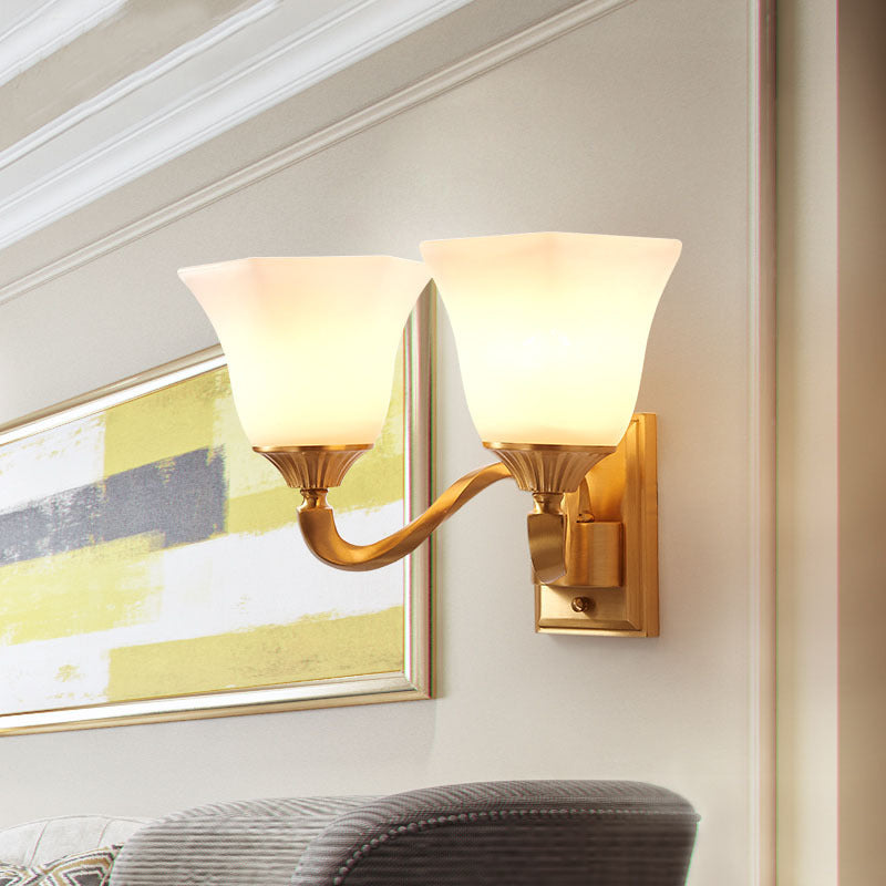 Brass Curved Arm Wall Light Modernism Style Metal 1/2-Light Bedside Wall Sconce Lamp with Opal Glass Bell Shade Clearhalo 'Wall Lamps & Sconces' 'Wall Lights' Lighting' 273623