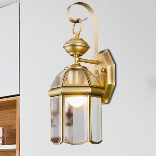 Brass 1-Light Wall Light Sconce Traditional Metal Lantern Wall Mounted Lamp with Clear Glass Shade Clearhalo 'Wall Lamps & Sconces' 'Wall Lights' Lighting' 273683