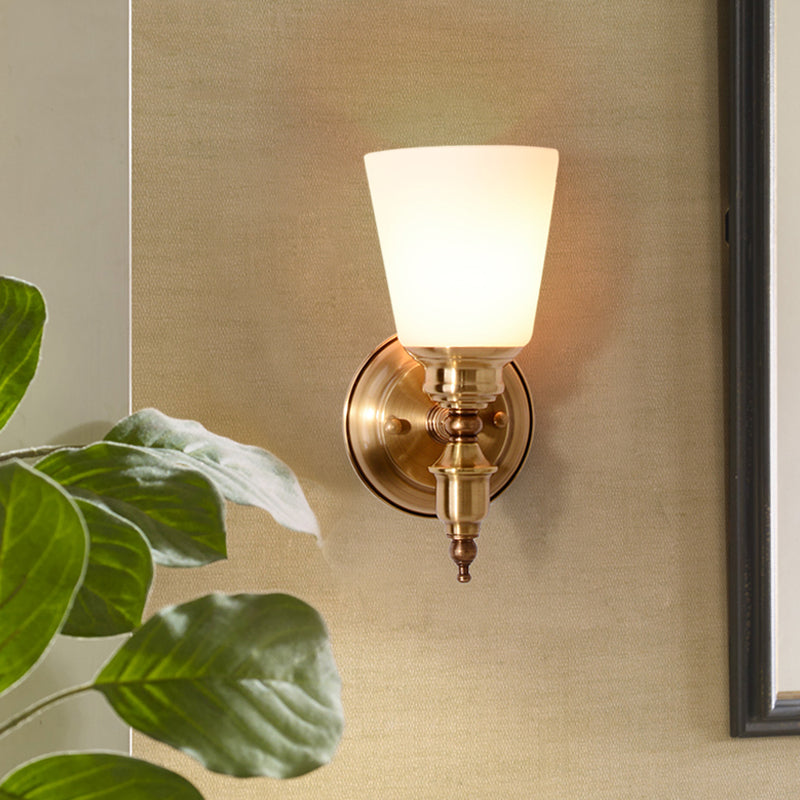 1-Head Sconce Light Fixture with Cone Shade White Glass Modernist Style Bedroom Wall Lamp in Gold Gold Clearhalo 'Wall Lamps & Sconces' 'Wall Lights' Lighting' 273727