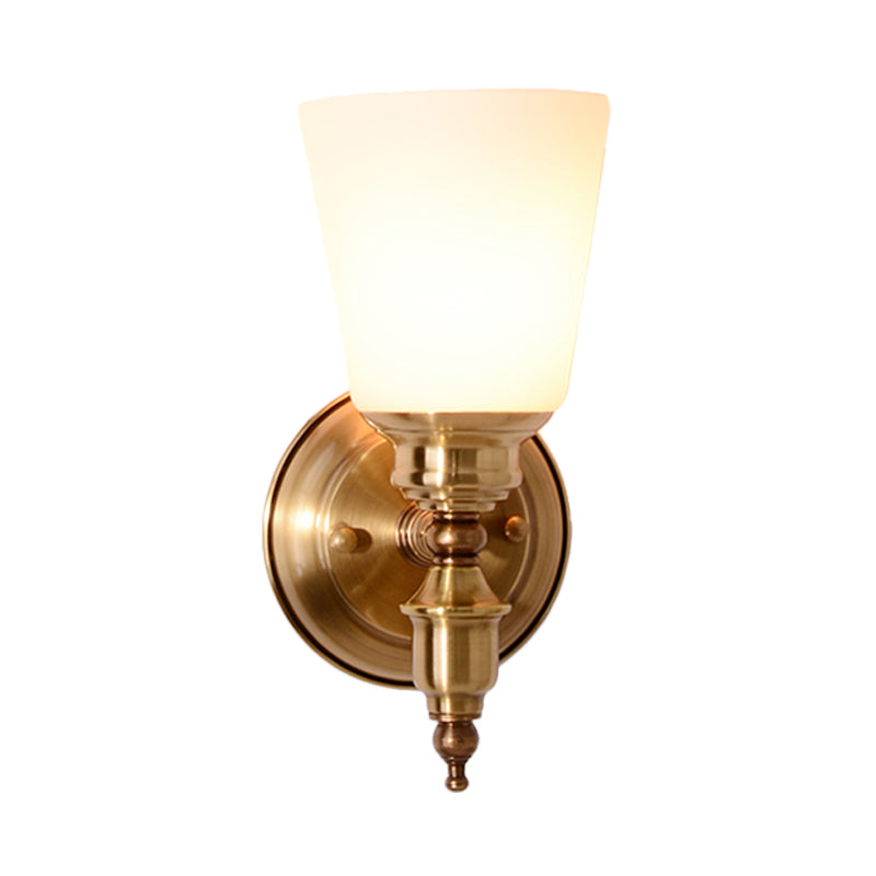 1-Head Sconce Light Fixture with Cone Shade White Glass Modernist Style Bedroom Wall Lamp in Gold Clearhalo 'Wall Lamps & Sconces' 'Wall Lights' Lighting' 273731