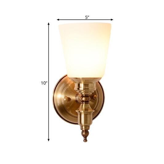 1-Head Sconce Light Fixture with Cone Shade White Glass Modernist Style Bedroom Wall Lamp in Gold Clearhalo 'Wall Lamps & Sconces' 'Wall Lights' Lighting' 273732