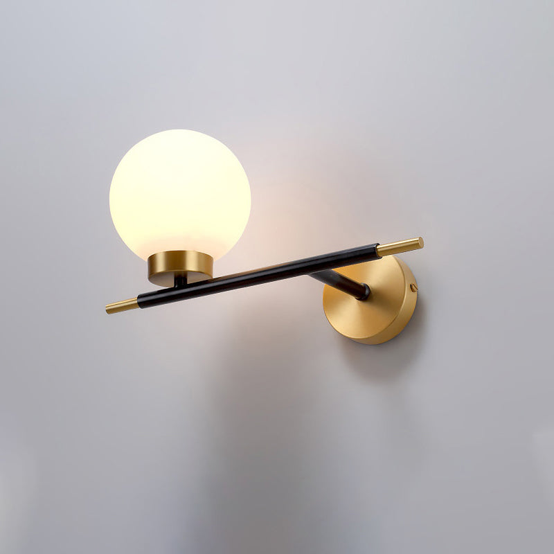 Left/Right Sphere Wall Sconce Post-Modern White Glass 1/2 Bulbs Brass Finish Wall Light Fixture Clearhalo 'Cast Iron' 'Glass' 'Industrial' 'Modern wall lights' 'Modern' 'Tiffany' 'Traditional wall lights' 'Wall Lamps & Sconces' 'Wall Lights' Lighting' 273735