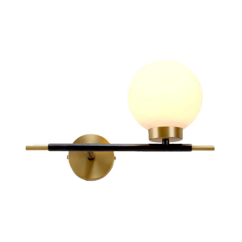 Left/Right Sphere Wall Sconce Post-Modern White Glass 1/2 Bulbs Brass Finish Wall Light Fixture Clearhalo 'Cast Iron' 'Glass' 'Industrial' 'Modern wall lights' 'Modern' 'Tiffany' 'Traditional wall lights' 'Wall Lamps & Sconces' 'Wall Lights' Lighting' 273738