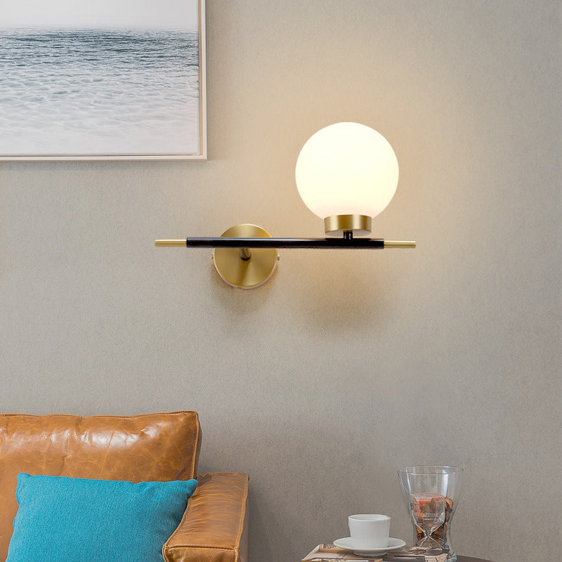 Left/Right Sphere Wall Sconce Post-Modern White Glass 1/2 Bulbs Brass Finish Wall Light Fixture Clearhalo 'Cast Iron' 'Glass' 'Industrial' 'Modern wall lights' 'Modern' 'Tiffany' 'Traditional wall lights' 'Wall Lamps & Sconces' 'Wall Lights' Lighting' 273743