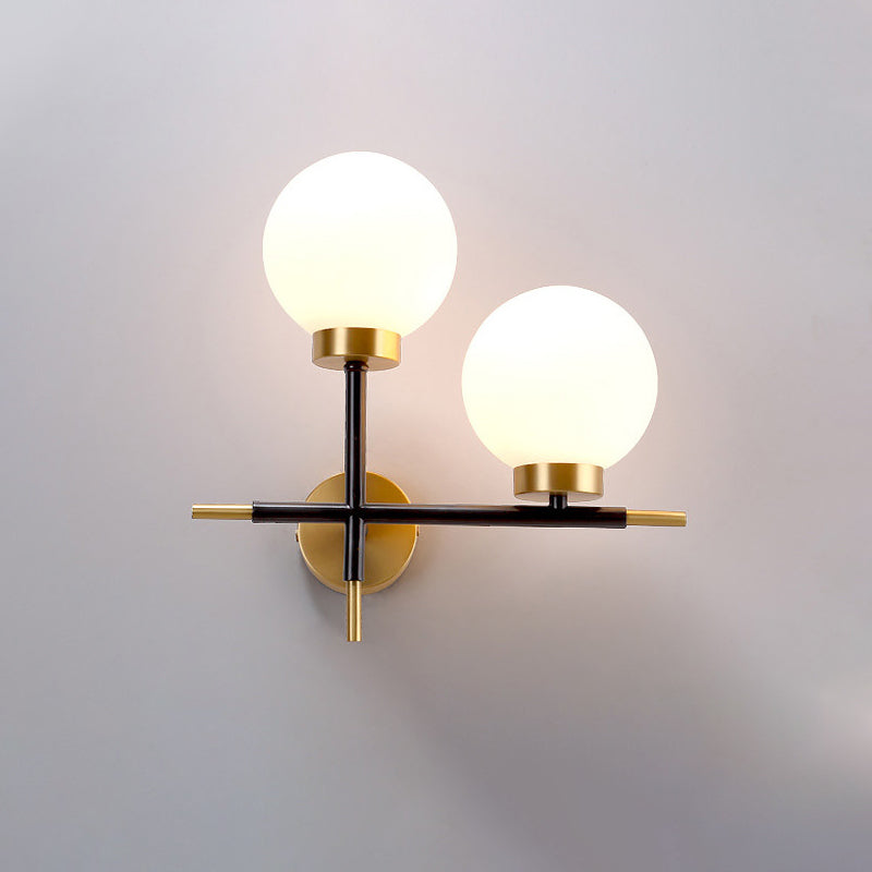 Left/Right Sphere Wall Sconce Post-Modern White Glass 1/2 Bulbs Brass Finish Wall Light Fixture 2.0 White Right Clearhalo 'Cast Iron' 'Glass' 'Industrial' 'Modern wall lights' 'Modern' 'Tiffany' 'Traditional wall lights' 'Wall Lamps & Sconces' 'Wall Lights' Lighting' 273746