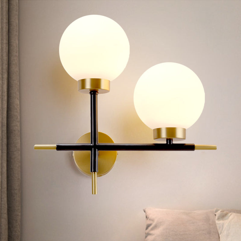 Left/Right Sphere Wall Sconce Post-Modern White Glass 1/2 Bulbs Brass Finish Wall Light Fixture Clearhalo 'Cast Iron' 'Glass' 'Industrial' 'Modern wall lights' 'Modern' 'Tiffany' 'Traditional wall lights' 'Wall Lamps & Sconces' 'Wall Lights' Lighting' 273747