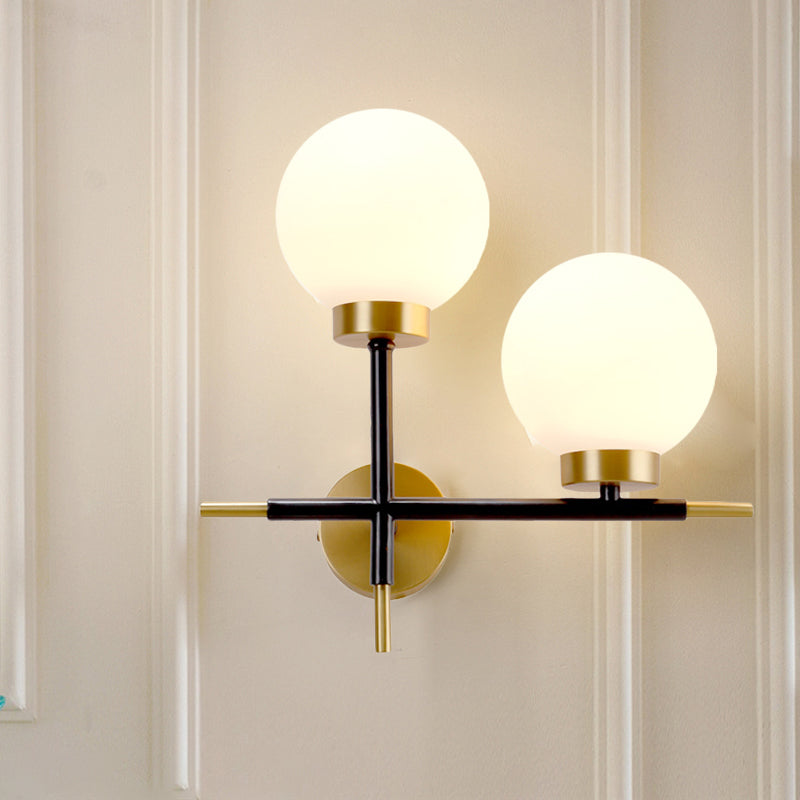 Left/Right Sphere Wall Sconce Post-Modern White Glass 1/2 Bulbs Brass Finish Wall Light Fixture Clearhalo 'Cast Iron' 'Glass' 'Industrial' 'Modern wall lights' 'Modern' 'Tiffany' 'Traditional wall lights' 'Wall Lamps & Sconces' 'Wall Lights' Lighting' 273748