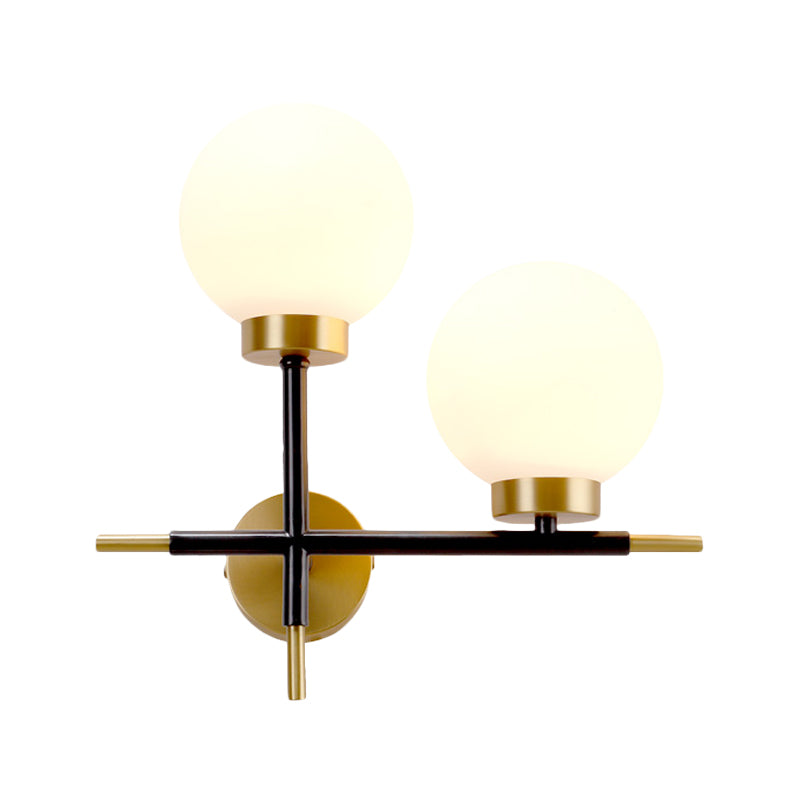 Left/Right Sphere Wall Sconce Post-Modern White Glass 1/2 Bulbs Brass Finish Wall Light Fixture Clearhalo 'Cast Iron' 'Glass' 'Industrial' 'Modern wall lights' 'Modern' 'Tiffany' 'Traditional wall lights' 'Wall Lamps & Sconces' 'Wall Lights' Lighting' 273750
