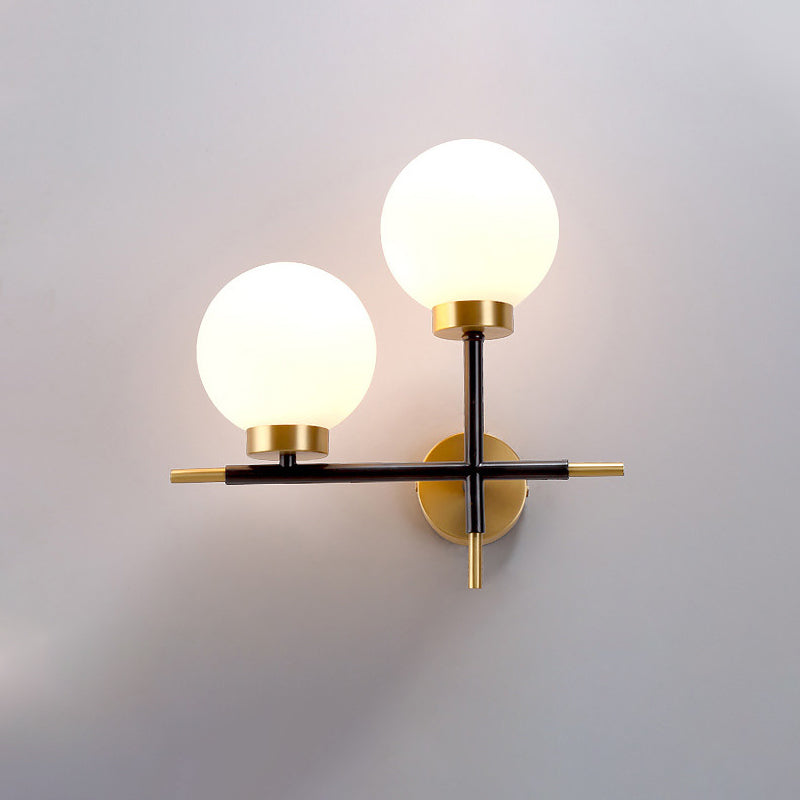 Left/Right Sphere Wall Sconce Post-Modern White Glass 1/2 Bulbs Brass Finish Wall Light Fixture 2.0 White Left Clearhalo 'Cast Iron' 'Glass' 'Industrial' 'Modern wall lights' 'Modern' 'Tiffany' 'Traditional wall lights' 'Wall Lamps & Sconces' 'Wall Lights' Lighting' 273752