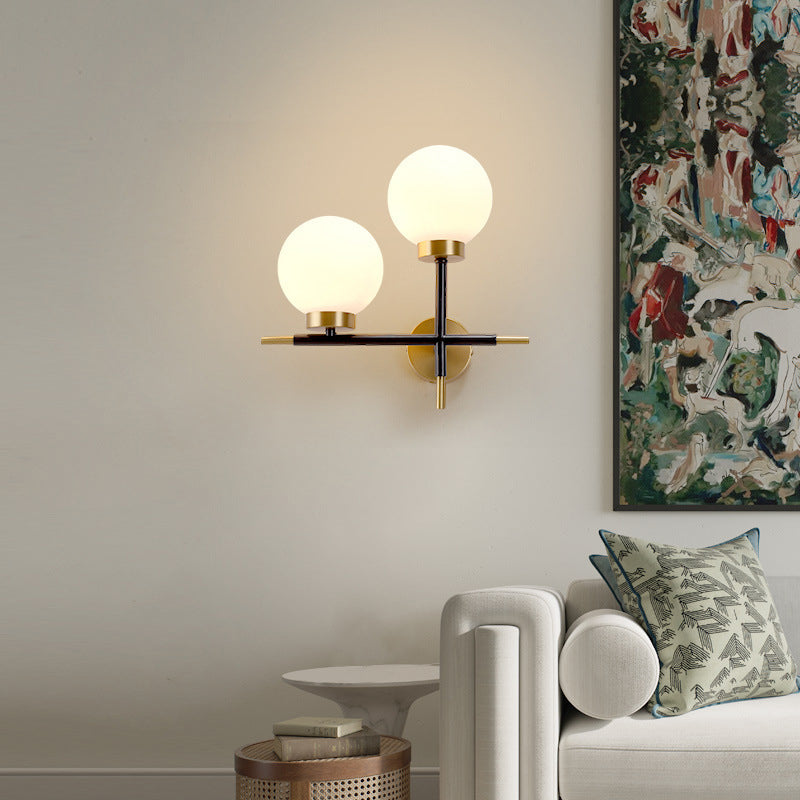 Left/Right Sphere Wall Sconce Post-Modern White Glass 1/2 Bulbs Brass Finish Wall Light Fixture Clearhalo 'Cast Iron' 'Glass' 'Industrial' 'Modern wall lights' 'Modern' 'Tiffany' 'Traditional wall lights' 'Wall Lamps & Sconces' 'Wall Lights' Lighting' 273755