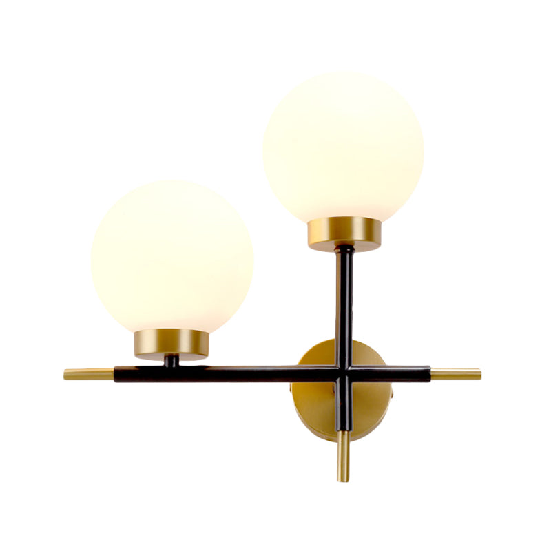 Left/Right Sphere Wall Sconce Post-Modern White Glass 1/2 Bulbs Brass Finish Wall Light Fixture Clearhalo 'Cast Iron' 'Glass' 'Industrial' 'Modern wall lights' 'Modern' 'Tiffany' 'Traditional wall lights' 'Wall Lamps & Sconces' 'Wall Lights' Lighting' 273756