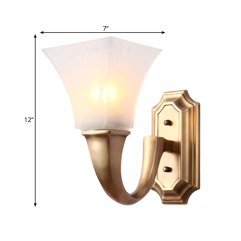 1 Bulb Sconce Light Fixture with Flared Shade Frosted Glass Vintage Style Bedroom Wall Mount Lamp in Gold Clearhalo 'Wall Lamps & Sconces' 'Wall Lights' Lighting' 273768