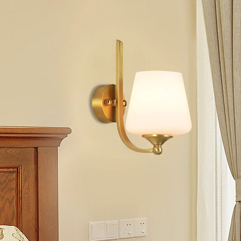 1 Bulb Sconce Lighting with Tapered Shade Milk Glass Modern Stylish Bedroom Wall Lamp in Brass Brass Clearhalo 'Wall Lamps & Sconces' 'Wall Lights' Lighting' 273770