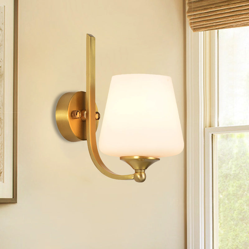 1 Bulb Sconce Lighting with Tapered Shade Milk Glass Modern Stylish Bedroom Wall Lamp in Brass Clearhalo 'Wall Lamps & Sconces' 'Wall Lights' Lighting' 273771