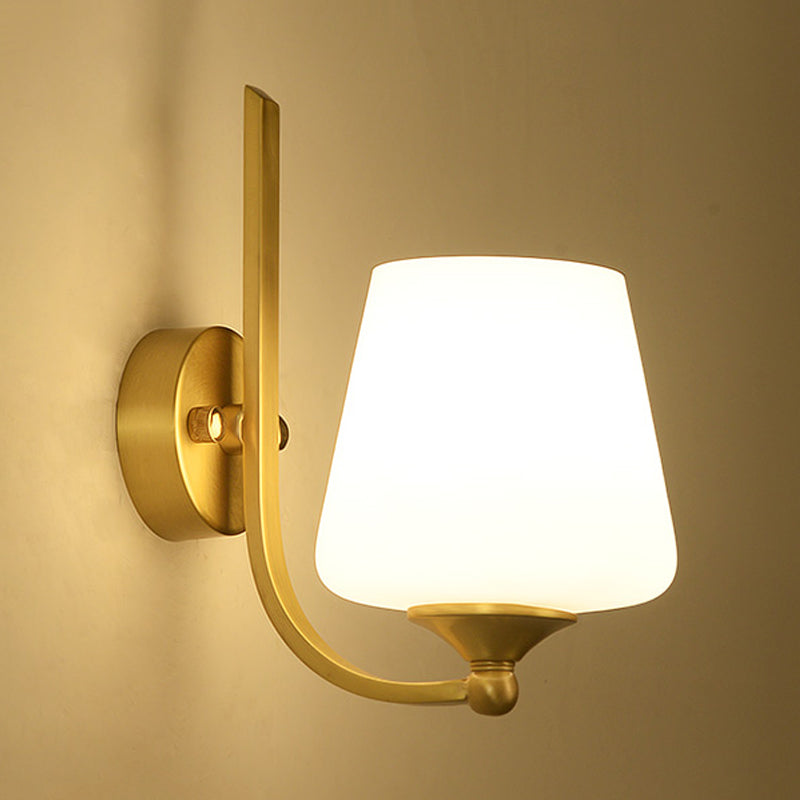 1 Bulb Sconce Lighting with Tapered Shade Milk Glass Modern Stylish Bedroom Wall Lamp in Brass Clearhalo 'Wall Lamps & Sconces' 'Wall Lights' Lighting' 273773