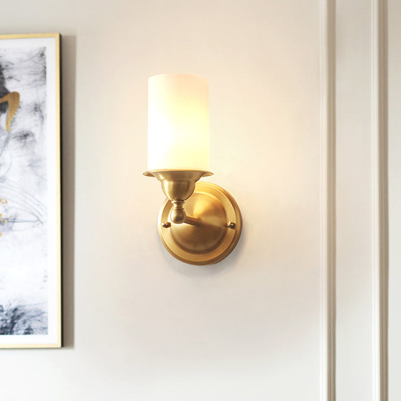 Cylinder Frosted Glass Wall Lamp Modernism Style 1 Light Living Room Wall Sconce Fixture in Brass Brass Clearhalo 'Wall Lamps & Sconces' 'Wall Lights' Lighting' 273808